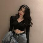 Plain V-neck Slim-fit Long-sleeve Knit T-shirt