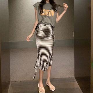 Set: Short-sleeve Lettering T-shirt + Midi Striped Sheath Skirt