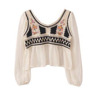 Floral Embroidered Crochet Panel Blouse