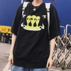Elbow-sleeve Alien Printed T-shirt