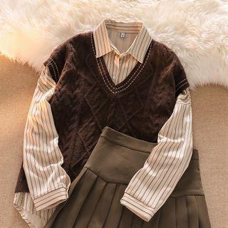 Long-sleeve Striped Shirt / Knit Vest / High-waist Pleated Skirt