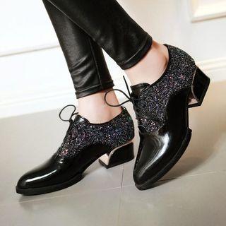 Faux Leather Glitter Panel Block Heel