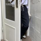 High-waist Plain Straight-cut Pants Navy Blue - One Size