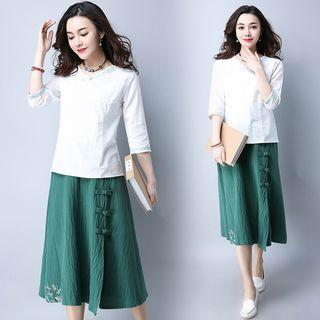 Set: Embroidered 3/4 Sleeve Top + Midi A-line Skirt