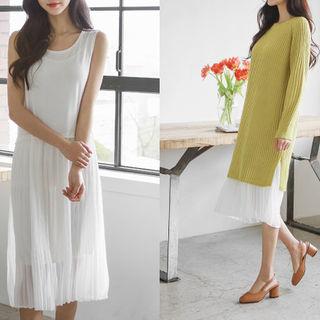 Sleeveless Pleated Tulle-overlay Midi Dress