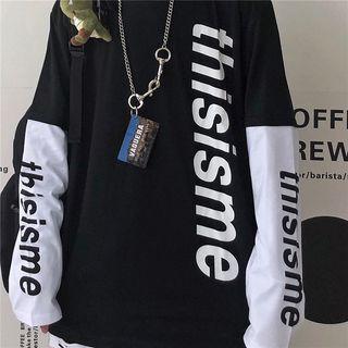 Couple Matching Mock Two-piece Long-sleeve Color Block Letter T-shirt