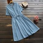 Short-sleeve Embroidered A-line Denim Dress Denim Blue - One Size