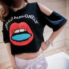 Cutout Shoulder Lip Print Short-sleeve T-shirt