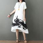 Short-sleeve Print Linen Dress