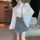 Pleated Bell-sleeve Shirt / High-waist Asymmetrical Mini Skirt