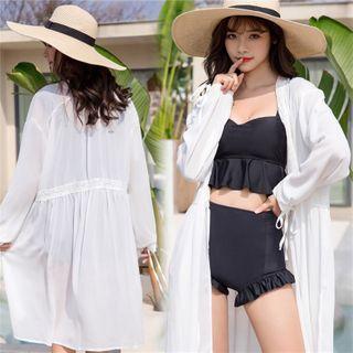 Tie-front Chiffon Long Jacket White - One Size
