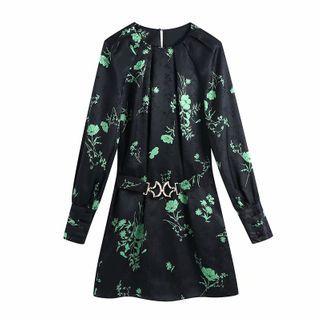 3/4-sleeve Floral Print Metal-accent A-line Dress