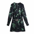 3/4-sleeve Floral Print Metal-accent A-line Dress