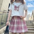 Short-sleeve Shirt / Plaid Bow / Plaid A-line Skirt