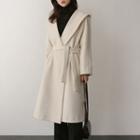 Open-front Hooded Wool Blend Coat With Sash One Size
