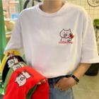 Elbow-sleeve Embroidered Cartoon Pig T-shirt