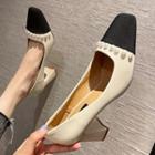 Two-tone Faux Pearl Chunky Heel Pumps