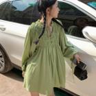 Long-sleeve Lace-up Ruched Plain Dress Green - One Size