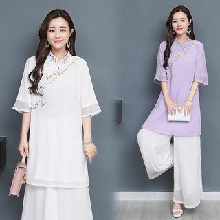 Set: Embroidered Elbow-sleeve Top + Wide Leg Pants