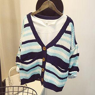 Striped V-neck Cable Knit Cardigan