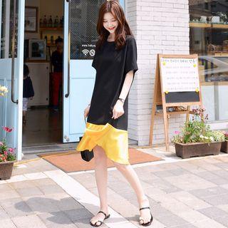 Short-sleeve Satin-panel Midi Dress