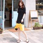 Short-sleeve Satin-panel Midi Dress