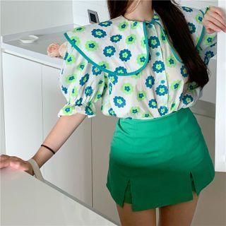 Short-sleeve Floral Print Blouse / Slim-fit Skort