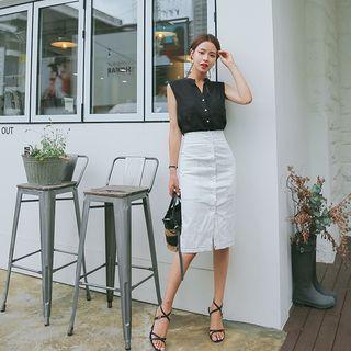 Button-front Stitched H-line Skirt
