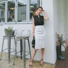 Button-front Stitched H-line Skirt