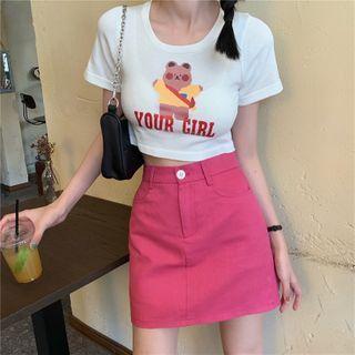 Short-sleeve T-shirt / A-line Denim Skirt