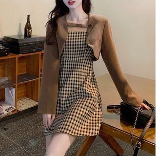 Spaghetti Strap Gingham Mini A-line Dress / Cropped Blazer