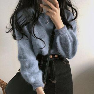 Long-sleeve Plain Furry Knit Top