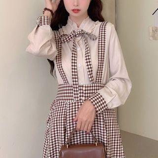 Ruffled Shirt / Gingham Midi A-line Jumper Skirt