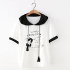 Hooded Cat Print Short-sleeve T-shirt White - One Size