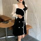 Puff-sleeve Double-breasted Ruffled A-line Dress Black - One Size