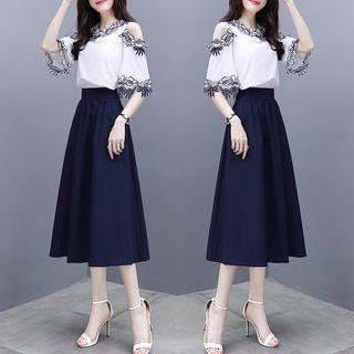 Set: Flower Embroidered Elbow-sleeve Top + High Waist Midi A-line Skirt