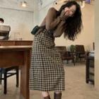 Spaghetti-strap Gingham Midi A-line Dress / Cardigan