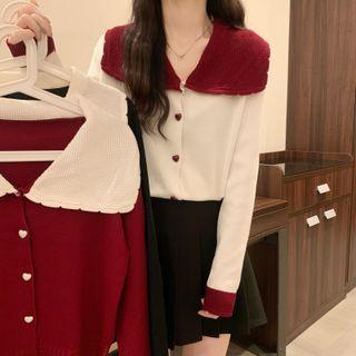 Wide-collar Heart Button Cardigan