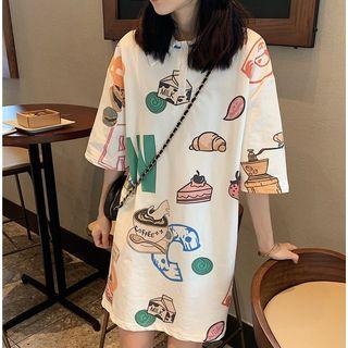 Elbow-sleeve Printed Polo Dress White - One Size
