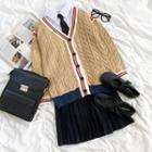 Contrast Trim Knit Cardigan / Long-sleeve Plain Shirt + Tie / Plain Pleated Mini Skirt