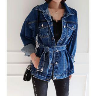 Pocket-detail Denim Jacket With Sash Blue - One Size
