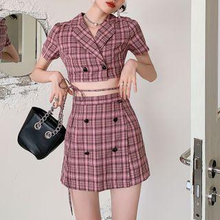 Short-sleeve Plaid Crop Shirt / Mini Skort