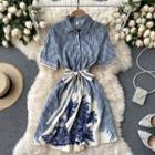 Short-sleeve Striped Print Midi A-line Shirtdress