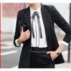 Contrast Trim Shirt / Plain Single-button Blazer / Cropped Dress Pants / Set