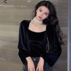 Square-neck Puff-sleeve Velvet Top Black - One Size