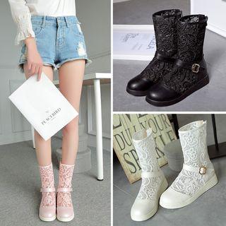 Lace Panel Cap Toe Short Boots