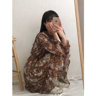 Frill-neck Floral Chiffon Shirtdress