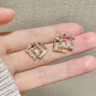 Non-matching Rhinestone Layered Square Earring 1 Pair - Gold - One Size