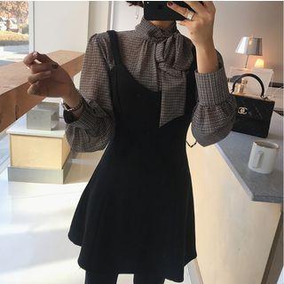 Houndstooth Tie-neck Blouse / Spaghetti Strap A-line Dress