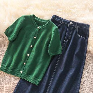 Short-sleeve Button-up Knit Top / Denim Midi Skirt